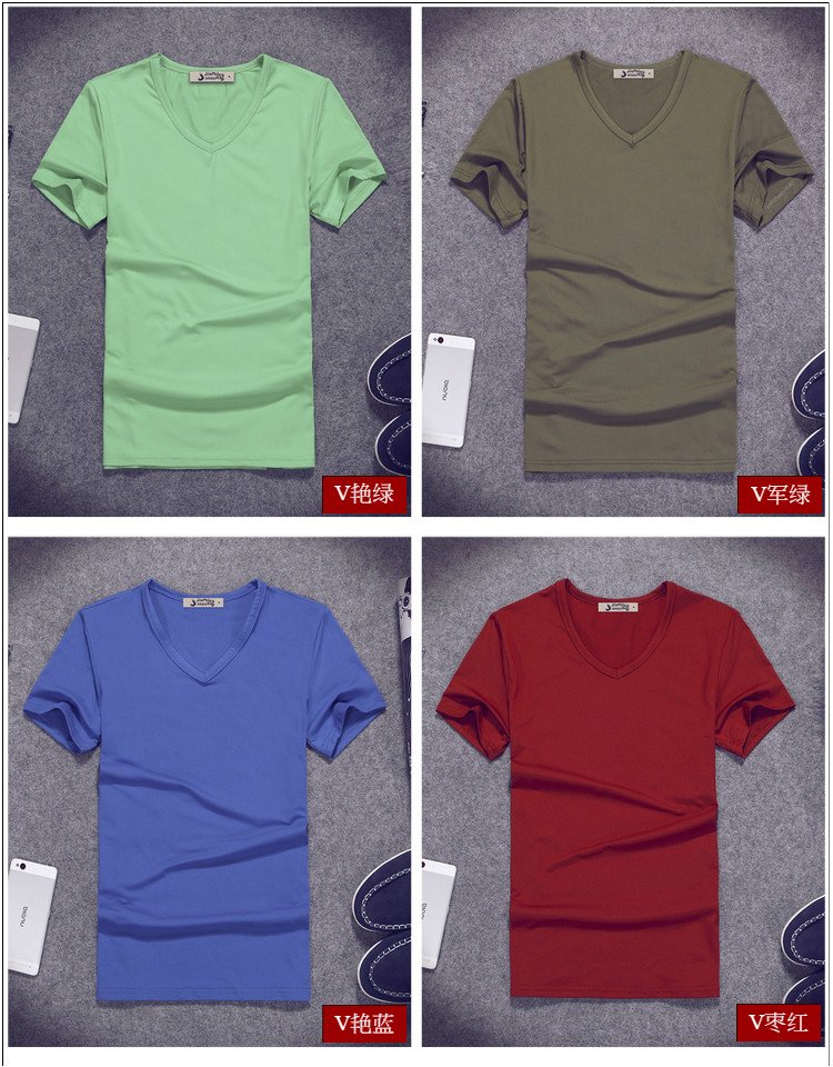 2019夏季男士短袖T恤V领纯色体恤打底衫紧身半袖大码男装纯黑色潮(图27)