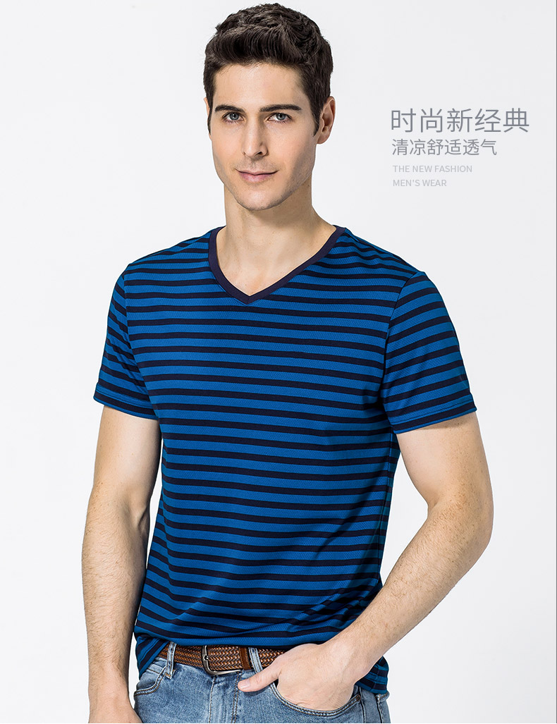 t恤男短袖V领条纹体恤新款夏季中年半袖男休闲爸爸装打底衫(图1)