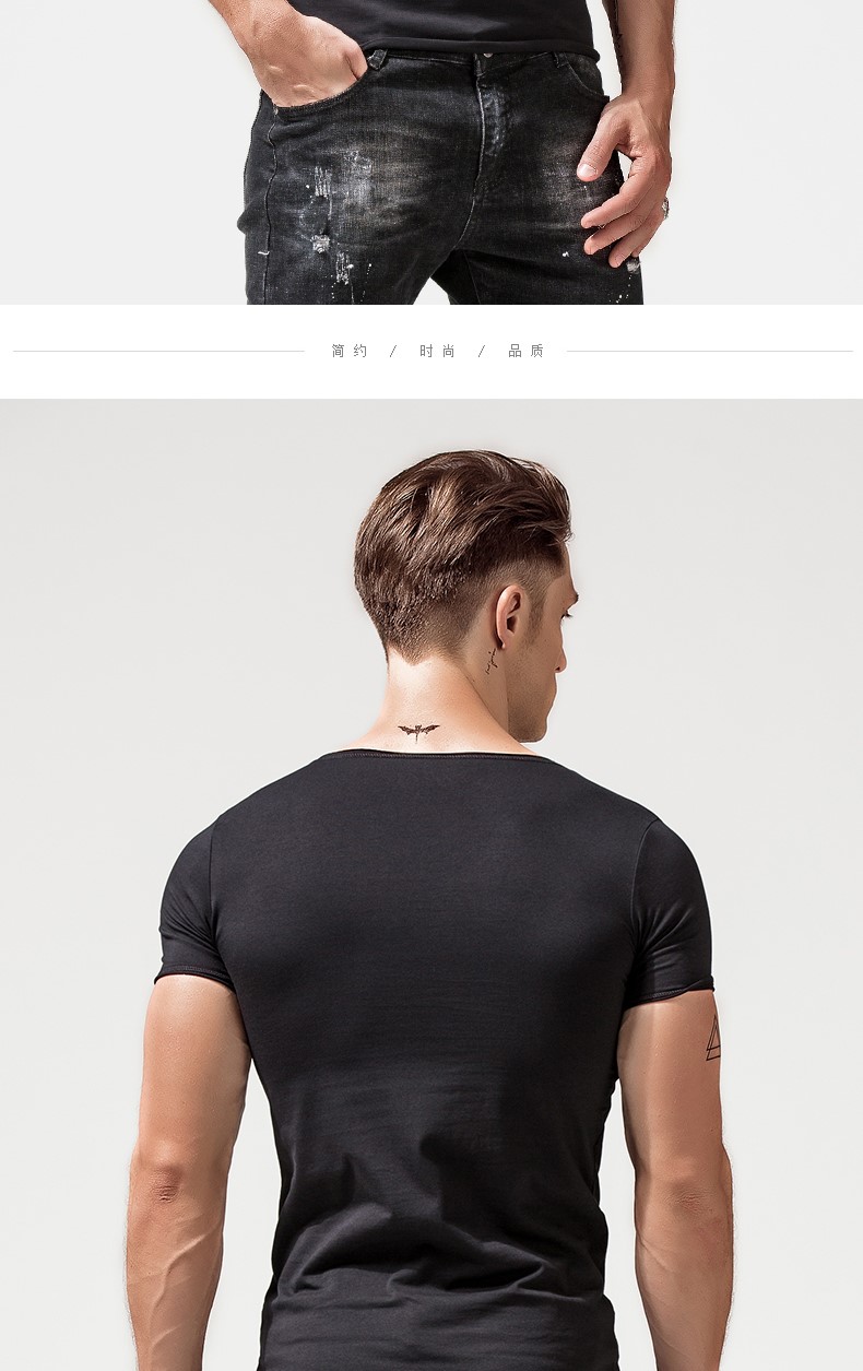 大V领T恤男棉短袖紧身男士低领打底衫个性潮流深V体恤男上衣夏季(图6)