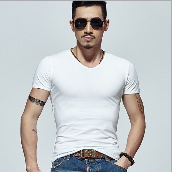 2019夏季男士短袖T恤V领纯色体恤打底衫紧身半袖大码男装纯黑色潮(图11)