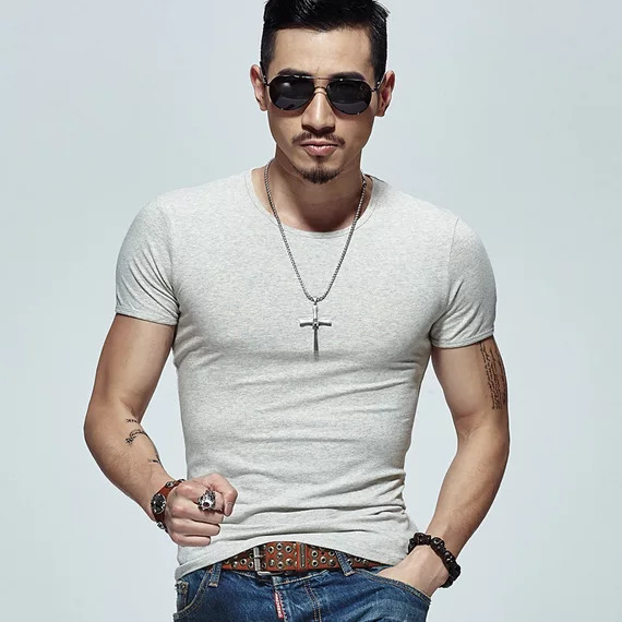 2019夏季男士短袖T恤V领纯色体恤打底衫紧身半袖大码男装纯黑色潮(图22)