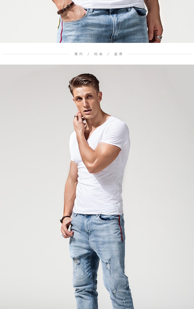 大V领T恤男棉短袖紧身男士低领打底衫个性潮流深V体恤男上衣夏季(图8)