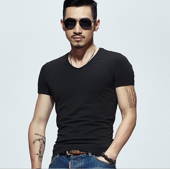 2019夏季男士短袖T恤V领纯色体恤打底衫紧身半袖大码男装纯黑色潮(图10)