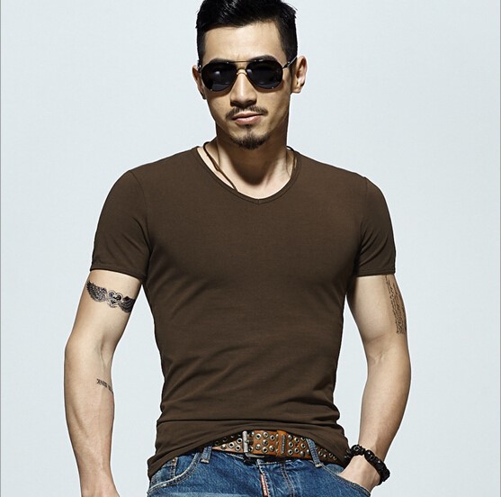 2019夏季男士短袖T恤V领纯色体恤打底衫紧身半袖大码男装纯黑色潮(图14)