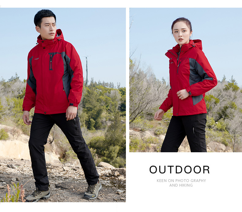 红色冲锋衣工作服定制印字logo三合一可拆卸外套防风防水登山服男(图16)