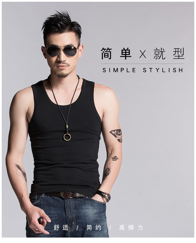 运动背心男潮牌健身坎肩男士修身打底个性潮流夏季纯棉无袖t恤男(图1)