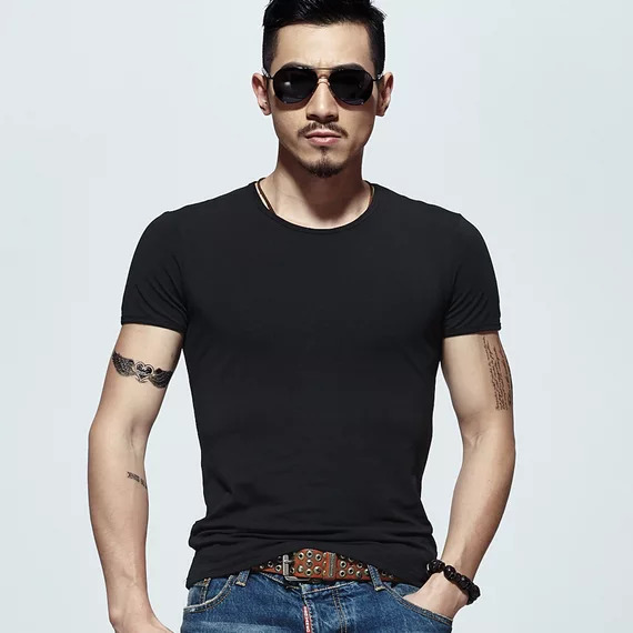 2019夏季男士短袖T恤V领纯色体恤打底衫紧身半袖大码男装纯黑色潮(图21)