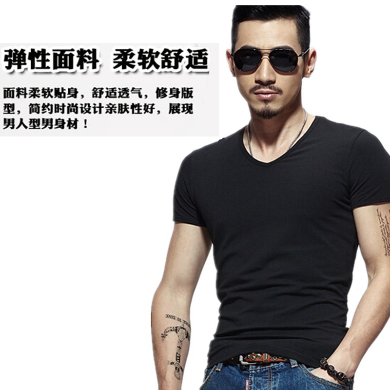 2019夏季男士短袖T恤V领纯色体恤打底衫紧身半袖大码男装纯黑色潮(图1)