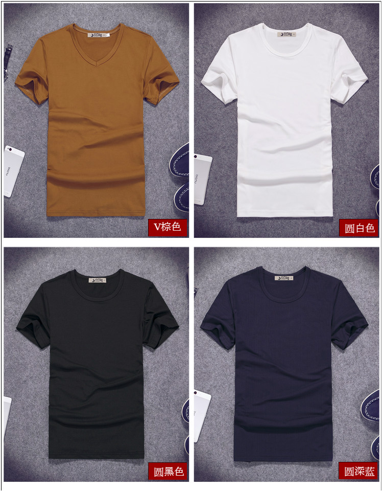 2019夏季男士短袖T恤V领纯色体恤打底衫紧身半袖大码男装纯黑色潮(图28)