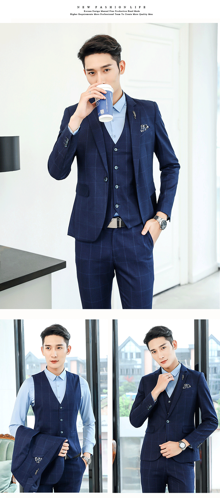 8885#韩版男西装三件套格子(图9)