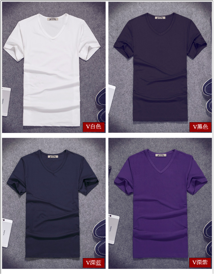 2019夏季男士短袖T恤V领纯色体恤打底衫紧身半袖大码男装纯黑色潮(图26)