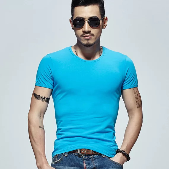 2019夏季男士短袖T恤V领纯色体恤打底衫紧身半袖大码男装纯黑色潮(图19)