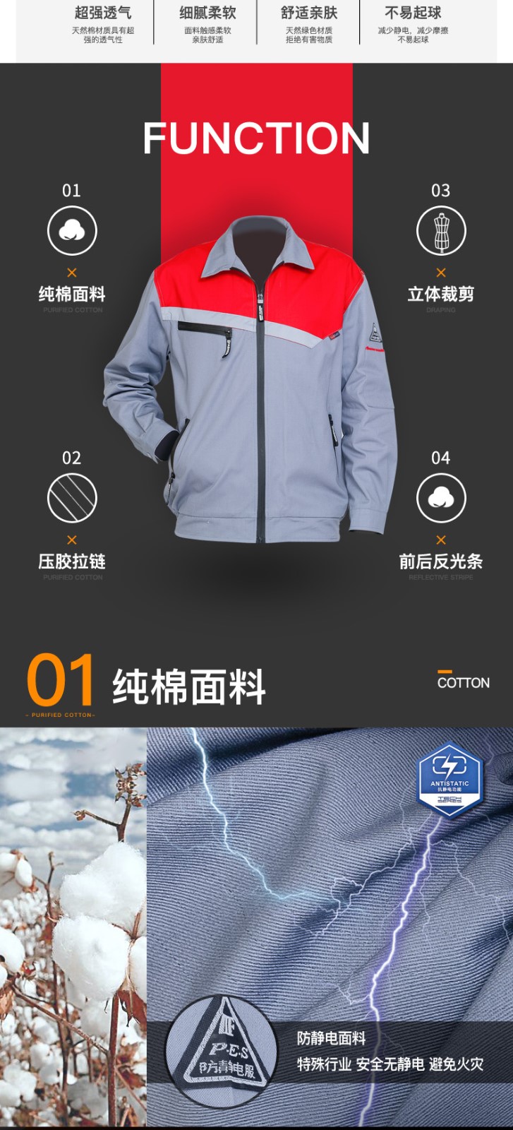 纯棉防静电工作服 春秋长袖工作服套装男女 工厂车间汽修服劳保服(图2)