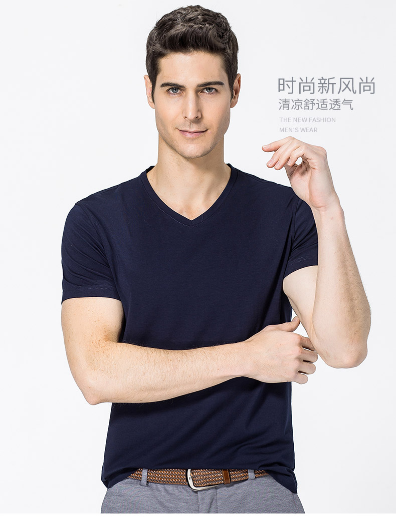 V领短袖t恤男 中青年男士纯色打底衫2019夏季新款半袖体恤(图1)