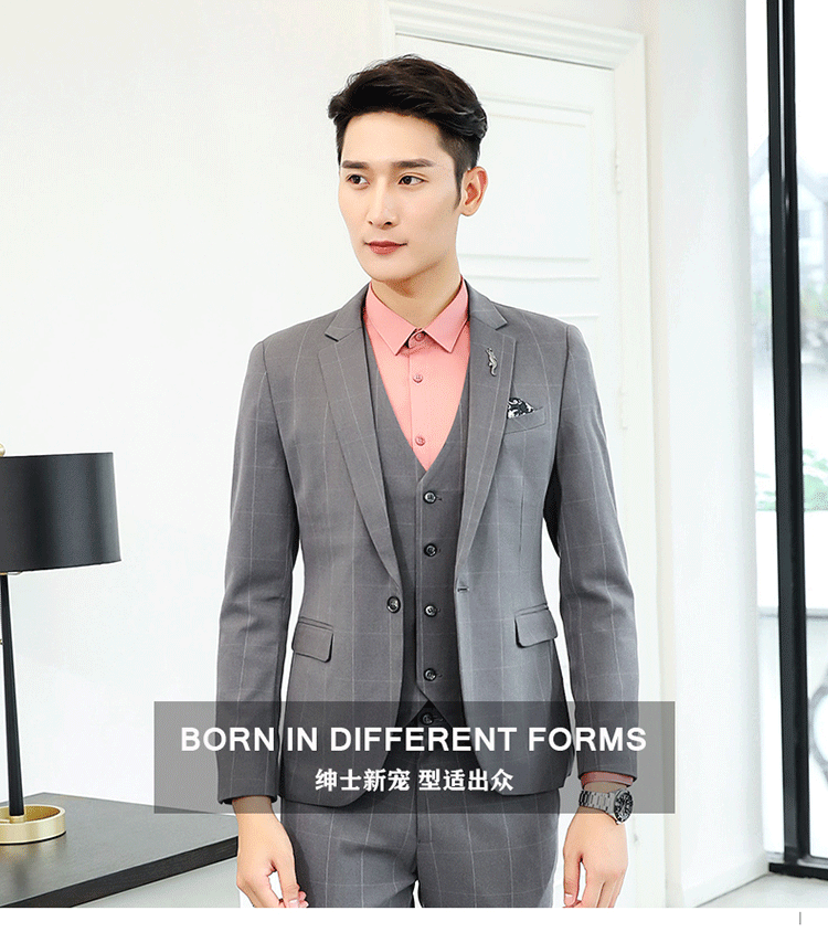 8885#韩版男西装三件套格子(图1)