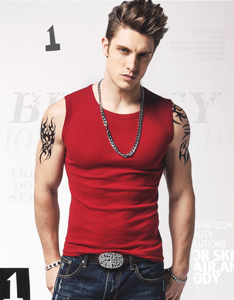 1575180146358210.jpg 男士背心无袖t恤纯棉健身运动紧身打底砍袖宽肩夏季青年修身型(图1)