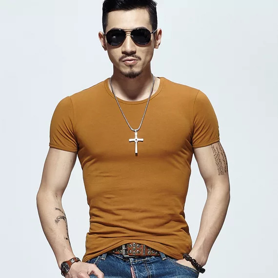 2019夏季男士短袖T恤V领纯色体恤打底衫紧身半袖大码男装纯黑色潮(图15)