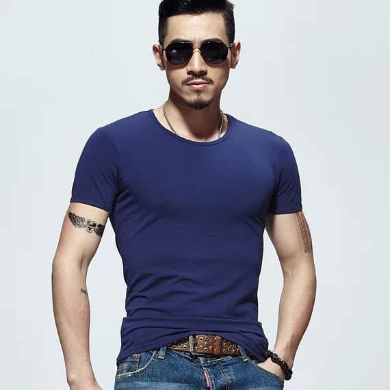 2019夏季男士短袖T恤V领纯色体恤打底衫紧身半袖大码男装纯黑色潮(图17)