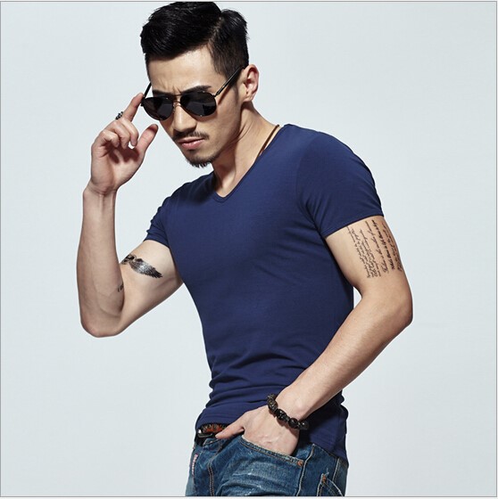 2019夏季男士短袖T恤V领纯色体恤打底衫紧身半袖大码男装纯黑色潮(图12)