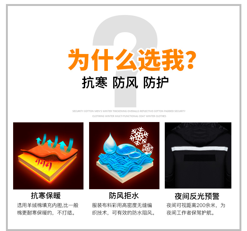 保安棉衣男冬季加厚工作服反光条棉服保安服冬装多功能大衣防寒服(图7)